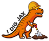 Artwork of I DIG JAX Mascott Rexie the T Rex wearing a hard hat with a shovel
