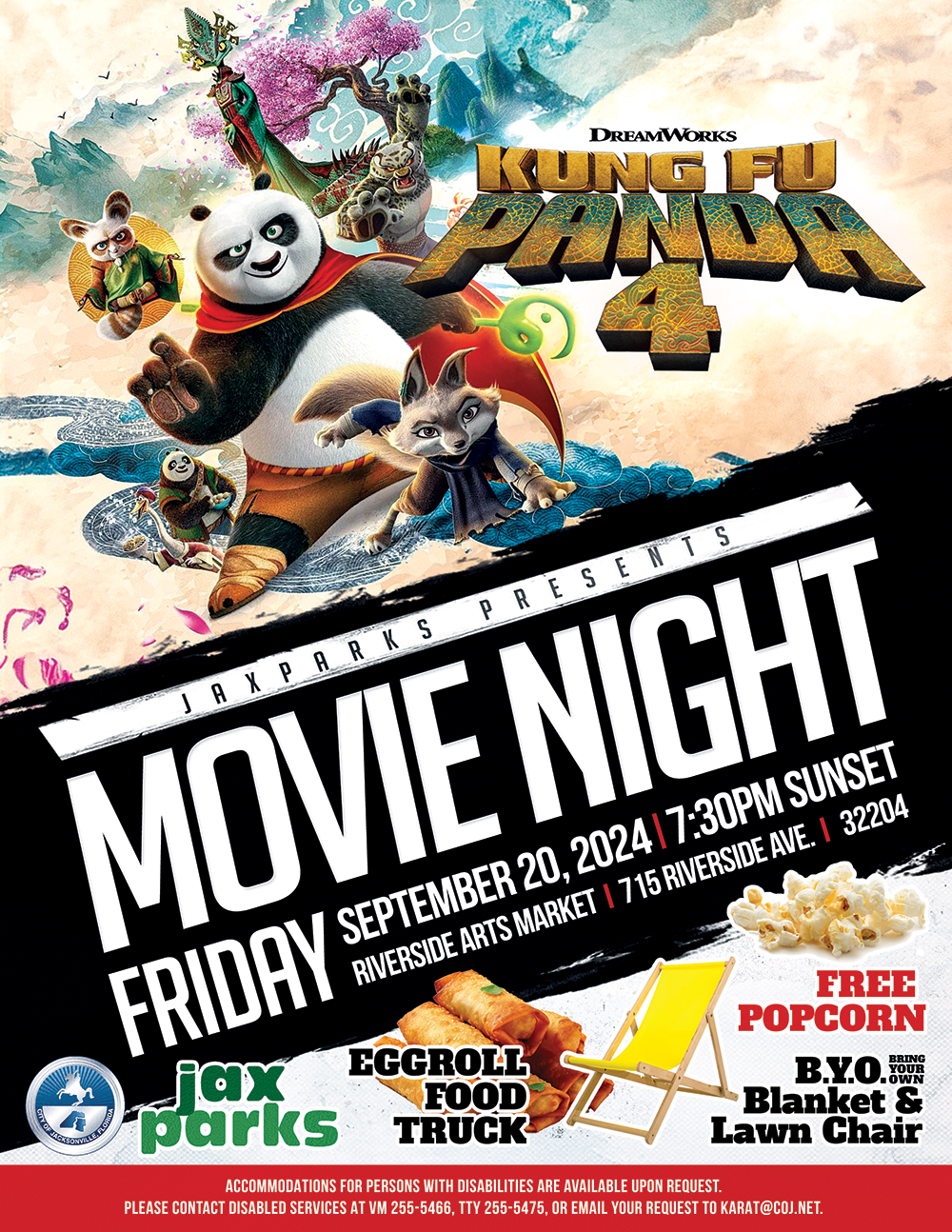 panda and wildlife friends, egg rolls, lawn chair and popcorn on flyer