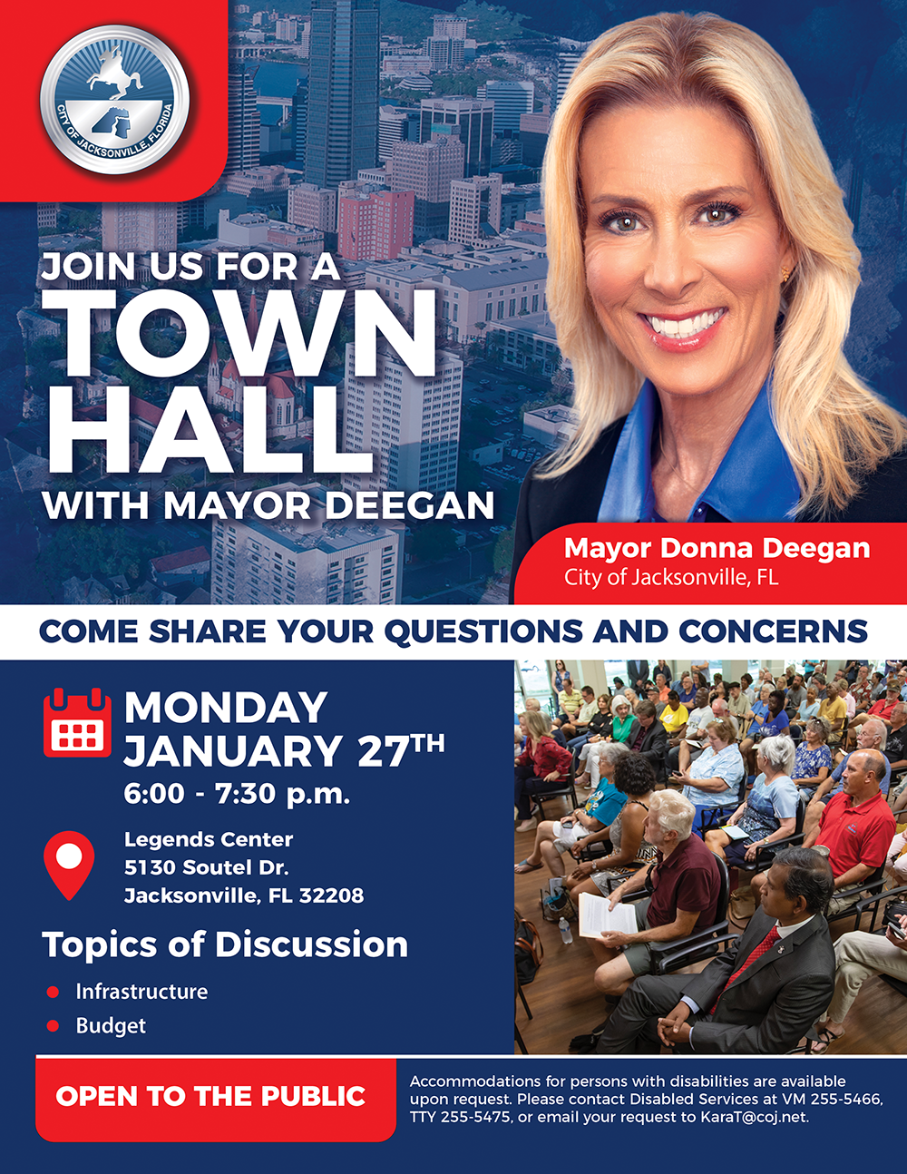 Mayor Town Hall Flyer with photo of Donna Deegan and event information