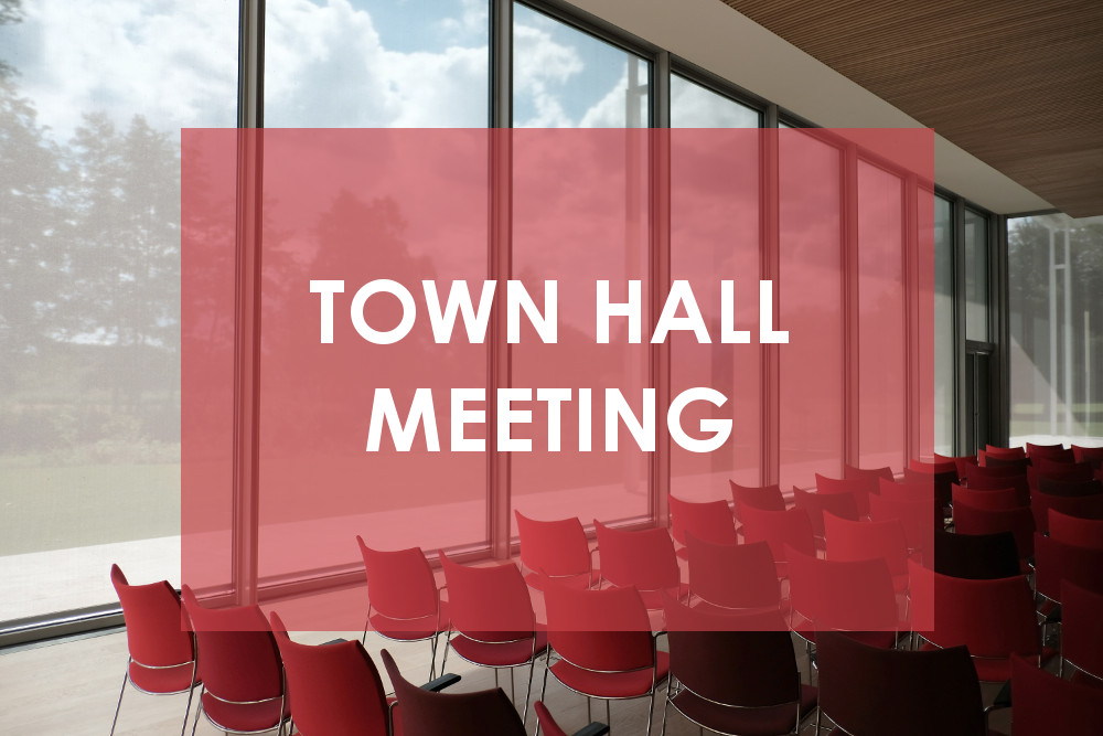 Town Hall Meeting Empty Conference Room with Red Chairs