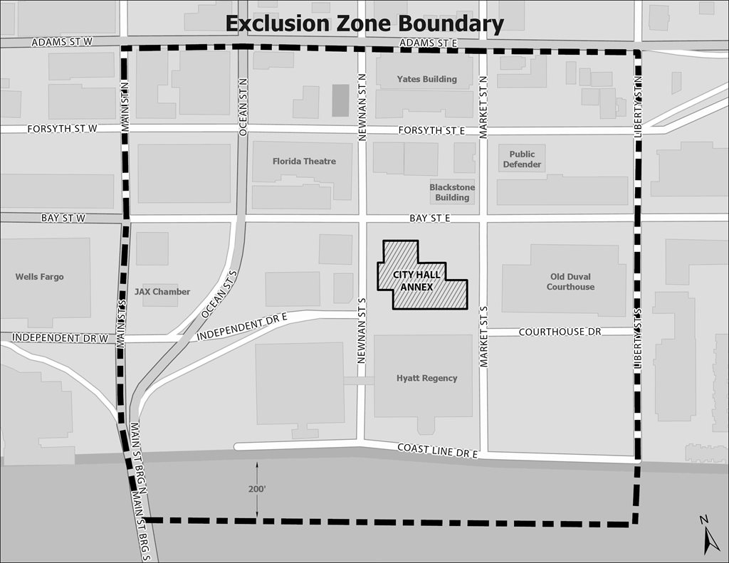 Map of the Exclusion Zone Boundary bordered by Adams St. on the north, Liberty Street on the east, Main street on the west, and extending 200 feet into the St. Johns River on the south. 