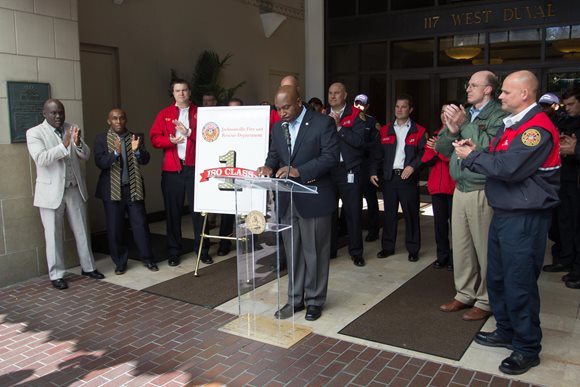 Dr. Charles Moreland, Director of Community Affairs for Mayor Lenny Curry, speaks during the announcement of Jacksonville's Class 1 rating.