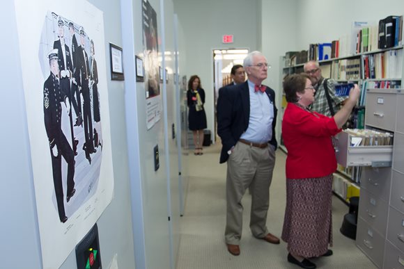 August 26, 2014 photo of Council Member Bill Gulliford viewing the Special Collections area of the Main Library with Librarian Kathleen Krizek.