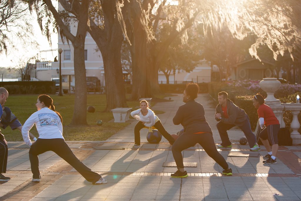 Stretching in Riverside's Memorial Park.