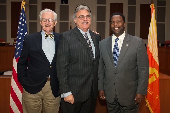 September 30, 2013 photo of Council President Bill Gulliford with Mayor Brown and Hispanic Leadership Lifetime Achievement Award hororee Tomas Jimenez, Sr.