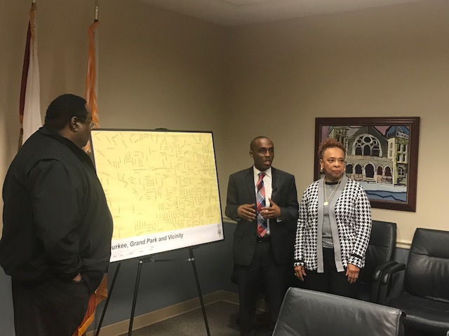 February 13, 2018 photo of Council Member Garrett Dennis with Grand Park President Lloyd Washington and Vice President Jan Timmons at a meeting to discuss the boundaries of Grand Park.