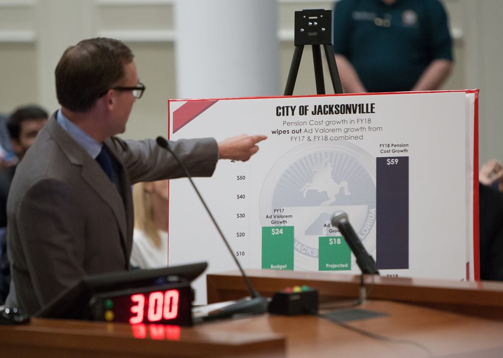 Mayor Curry presenting pension reform legislation to City Council on April 6, 2017.