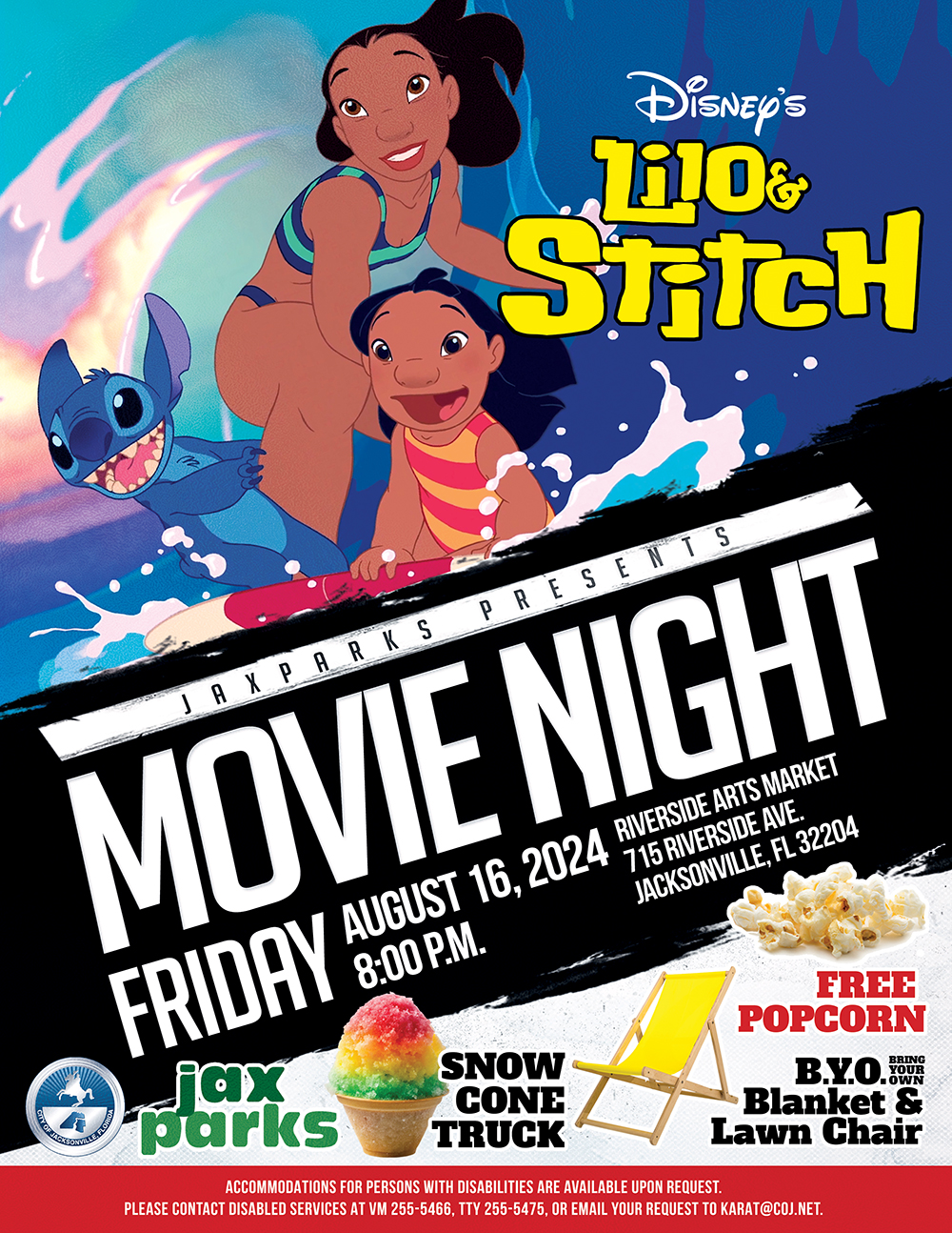 stitch and hawaiian characters surfing, colorful snow cone, lawn chair and popcorn on flyer