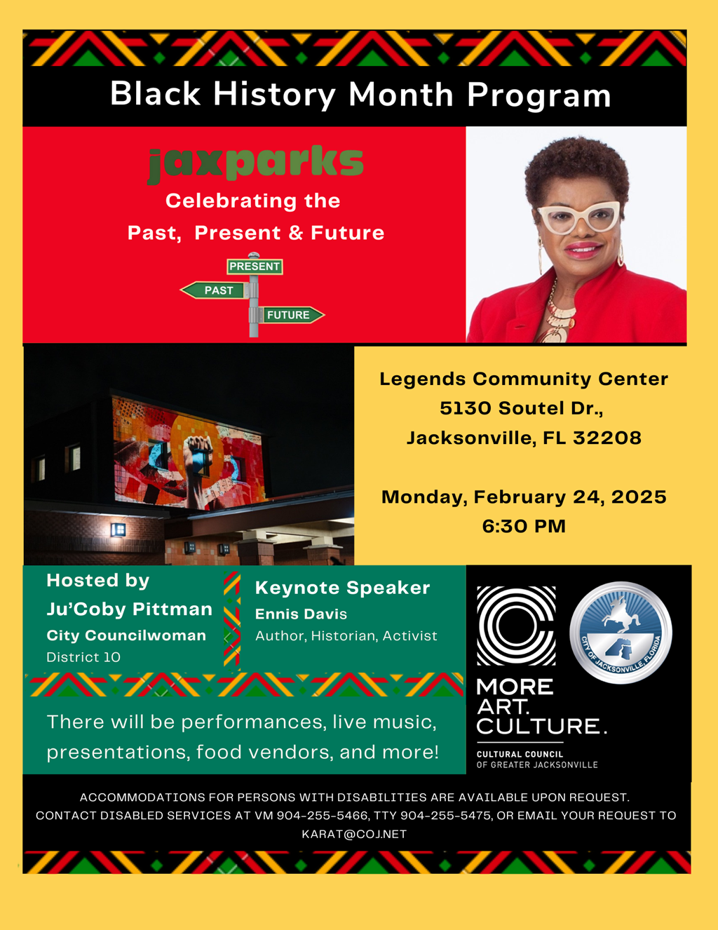 black, red, green and yellow colored flyer with councilwoman ju'coby pittman's picture