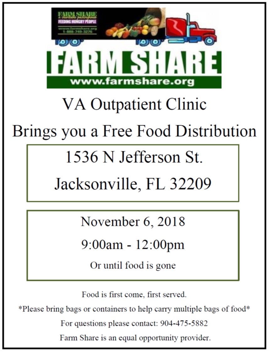There will be a free food distribution at VA Outpatient Clinic on Tuesday, November 6th. Food is first come, first served. Please bring bags or containers to help carry multiple bags of food.