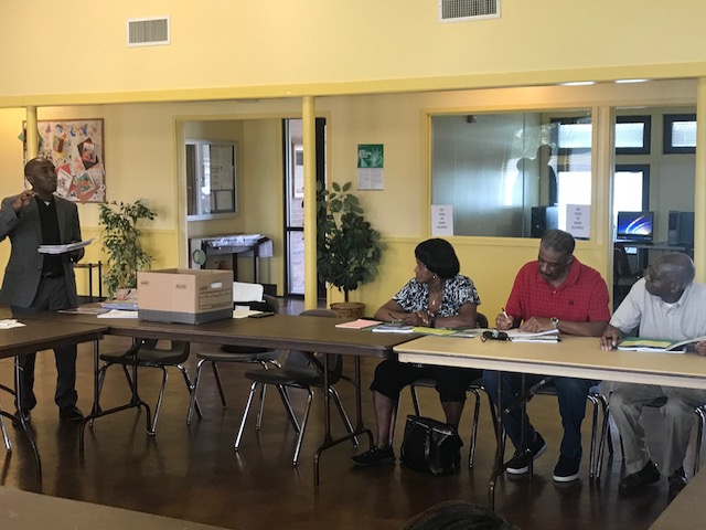 July 27, 2018 photo of Council Member Garrett Dennis at the Grand Park Community Association meeting