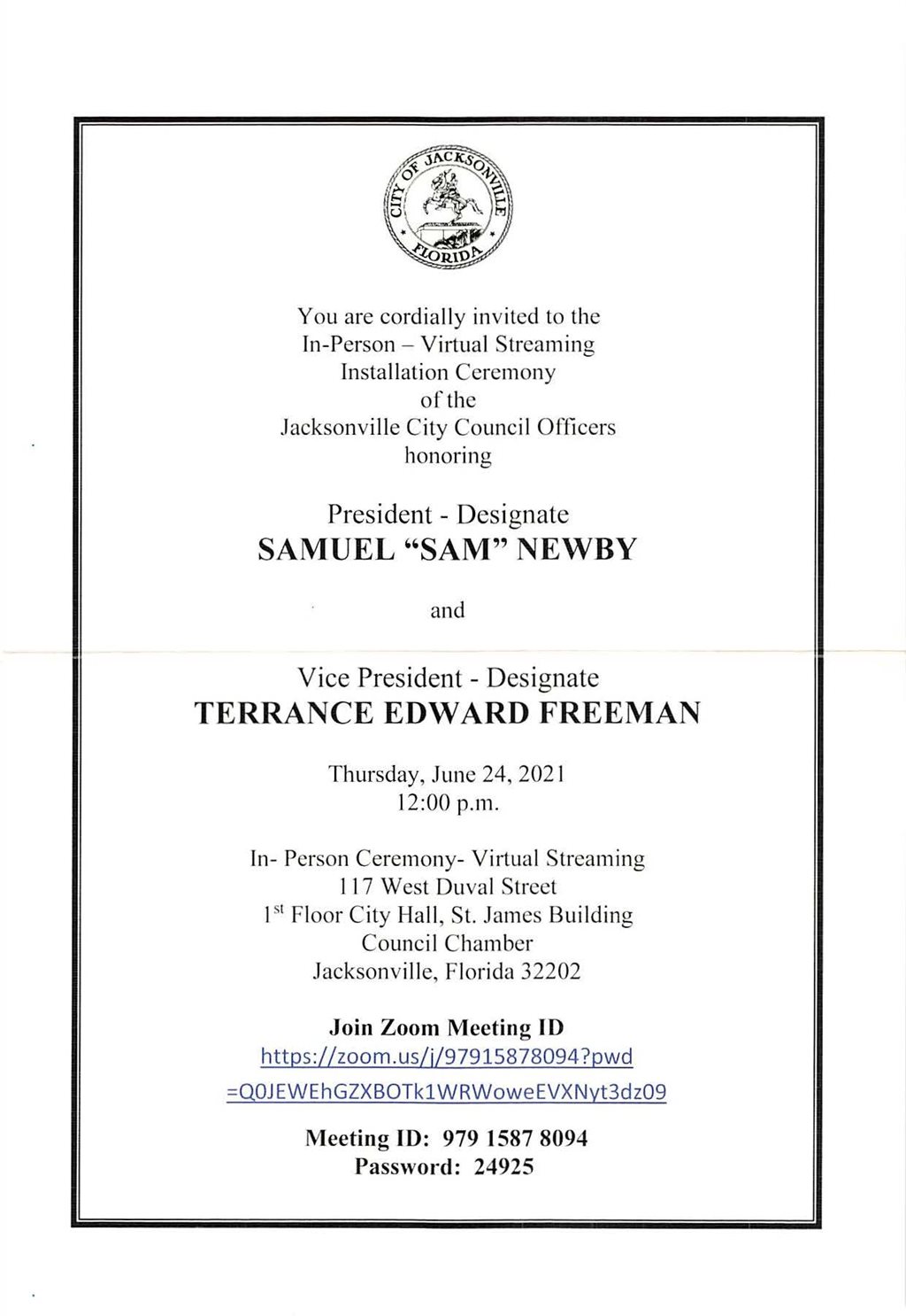 Installation Invitation - Thursday June 24, 2021 12:00 P.M.