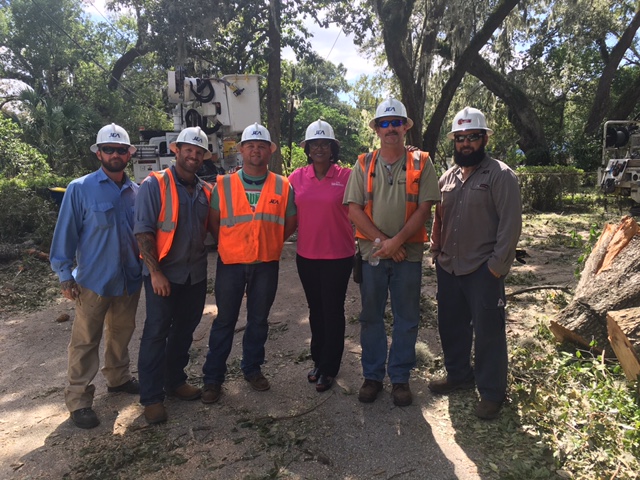 October 10, 2016 photo of Council Member Joyce Morgan with JEA workers in the Clifton Area after Hurricane Matthew.