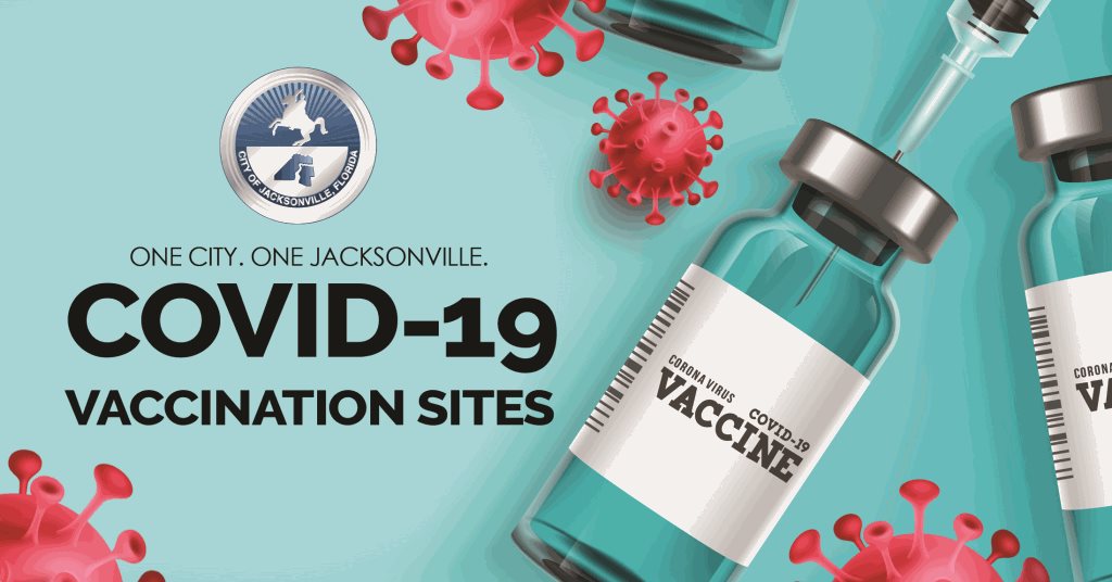 COVID-19 Vaccination Sites graphic with vaccine vials and covid cells