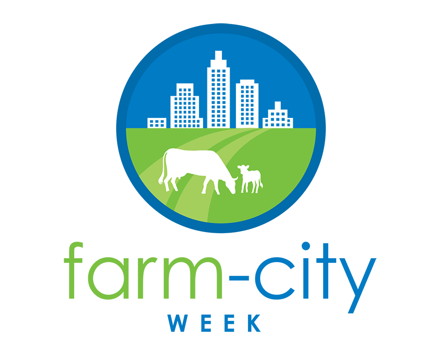 Farm City Week logo with illustration of cows and skyscrapers