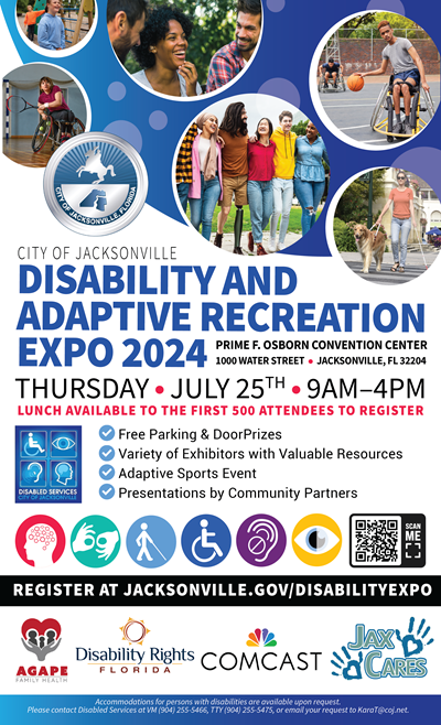 Disability Expo 2024 flyer with event info, photos of disabled person and sponsor logos