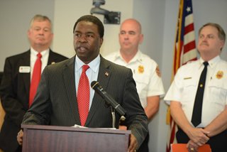 From left: Jack Morgan, CEO North Florida Region of the American Red Cross; Mayor Alvin Brown; Fire Chief Martin Senterfitt; Acting Emergency Preparedness Director Captain William Estep