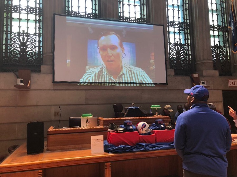 Buffalo Mayor Byron Brown talks with Jacksonville Mayor Lenny Curry in the City Council Chambers at Buffalo City Hall. Jan. 5, 2018. 