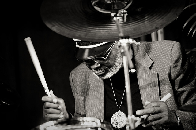 man playing drums at jazz fest