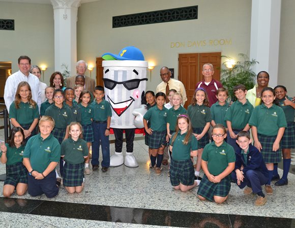 May 13, 2015 photo of Council Members Greg Anderson, Bill Gulliford, Warren Jones and Denise Lee with the blight mascot Jax Can and students from Christ the King Catholic Church.