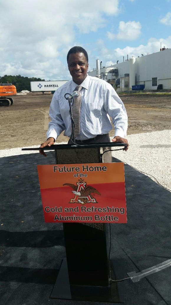 March 31, 2016 photo of Council Member Reginald Brown speaking at the Anheuser-Busch groundbreaking.