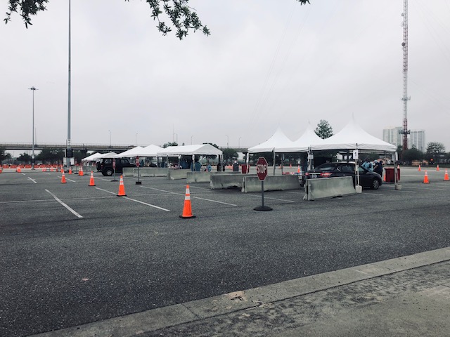 COVID-19 testing tents in parking lot