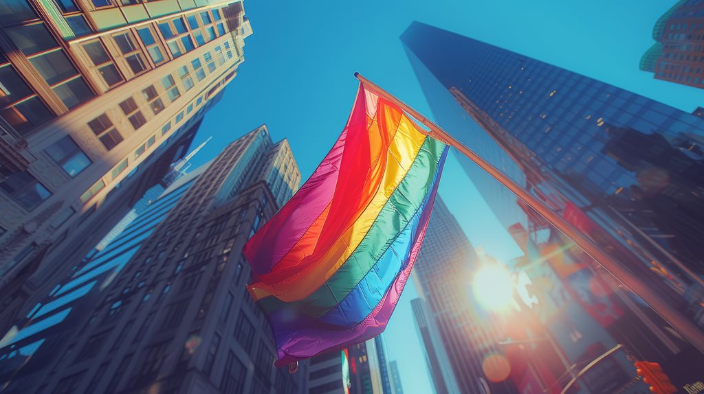 A Rainbow Flag Is Waving in the Wind in Front of Tall Skyscrapers Generative AI