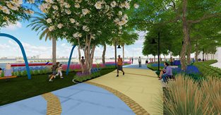 riversedge park project rendering - people jogging on riverfront sidewalk