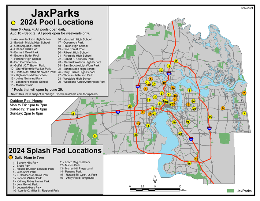 JaxParks 2024 Pool Locations Map