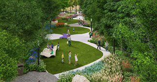 riversedge park project rendering - people enjoying grassy park spaces