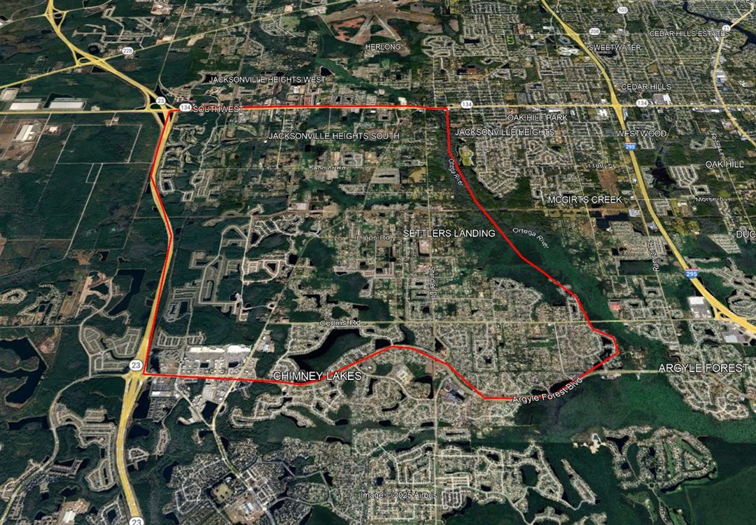 An area south of 103rd st toward Argyle Forest blvd.  The western boundary is the First Coast Expressway, with an eastern boundary being the Ortega River.