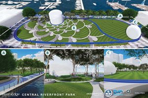 riversedge park project rendering - overhead view of grassy area and boat docks on river