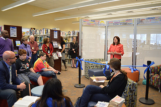 Photo of Council Member Lori Boyer addressing the audience at the ribbon-cutting ceremony for the new Teen Scene space at the San Marco Branch Library.