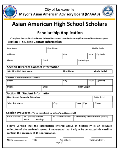 First page of Asian American High School Scholars Application Form