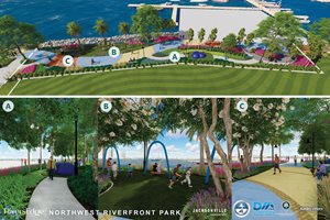 riversedge park project rendering - people jogging on riverfront sidewalk