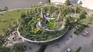 riverfront plaza project rendering - overhead view of park