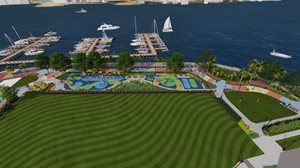 riversedge park project rendering - overhead view of grassy area and boat docks on river