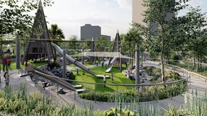 riverfront plaza project rendering - ground view of park and teepee structures