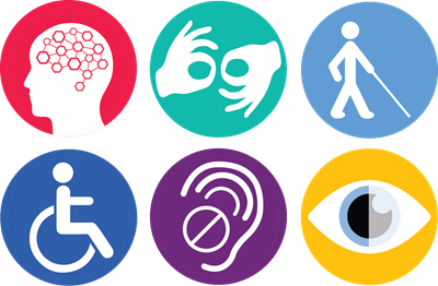 disability icons for sign language, eyesight, wheelchair, white cane