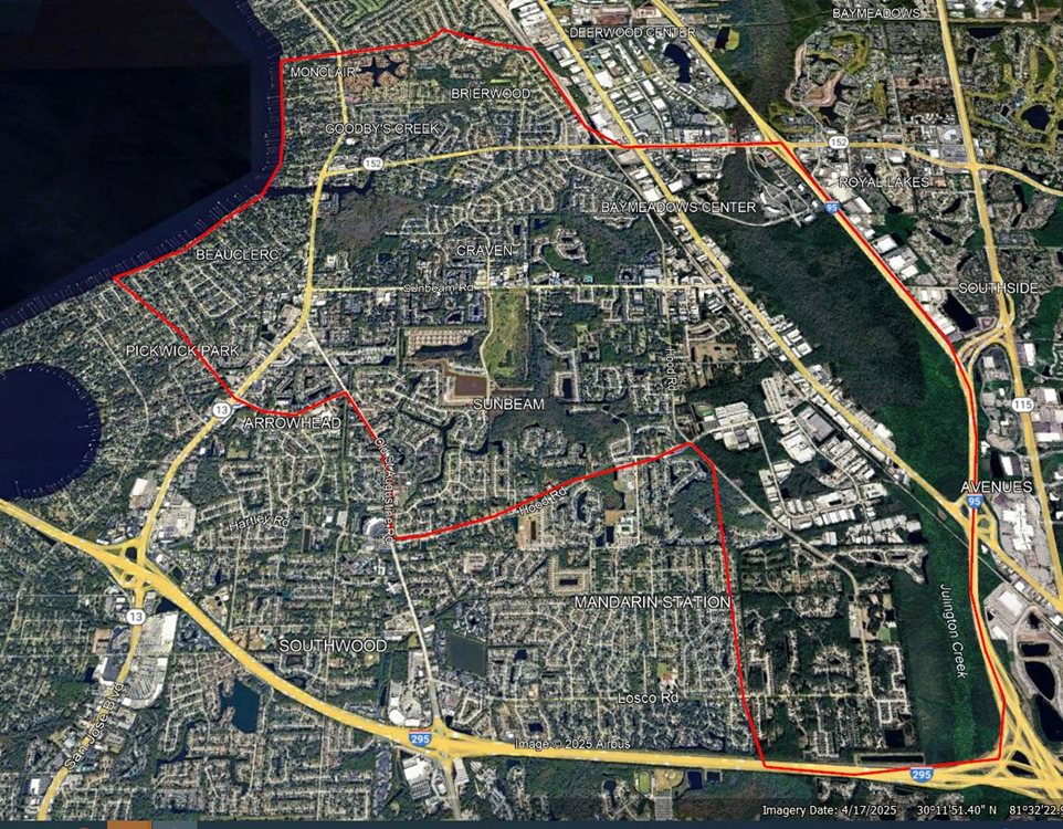 Mandarin area has complex borders.  Roughly from Monclair neighborhood in the north, to the 95, south to the 295.