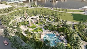 riverfront plaza project rendering - overhead view of park