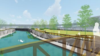 mccoys creek outfall project rendering - waterway with a footbridge crossing